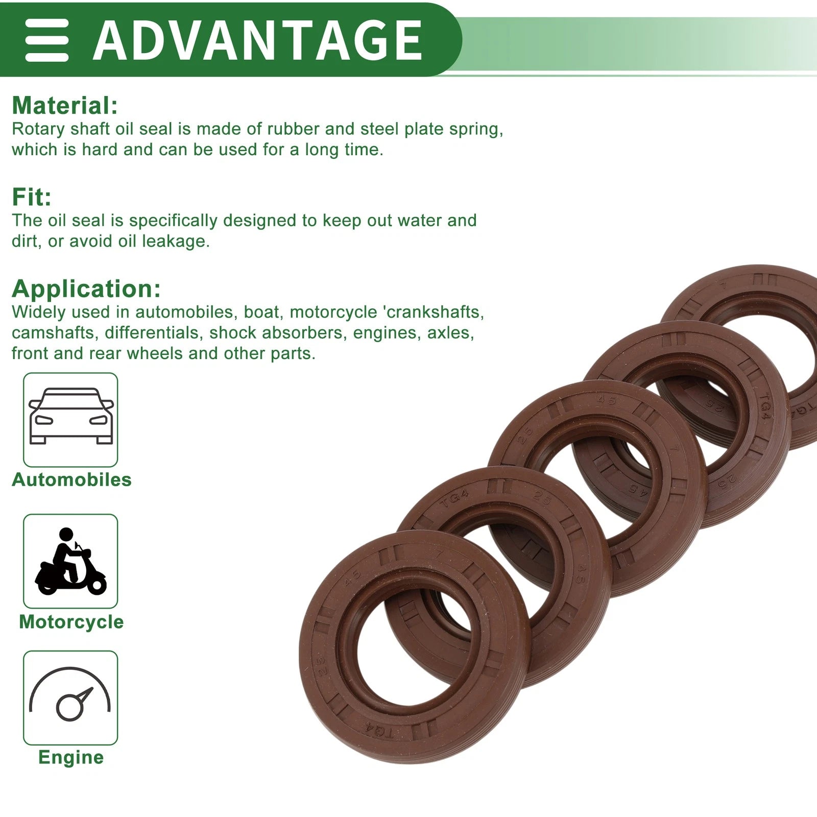 Set of 5 Oil Seal FKM Rubber 25x45x7mm for High Pressure
