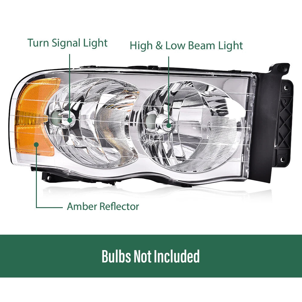 Clear Lens Amber Corner Headlights for Dodge Ram 1500 2500 3500 (2002–2005)