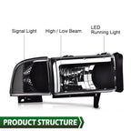 LED Clear Corner Black Headlights for Dodge Ram 1500 2500 3500 (1994–2002)