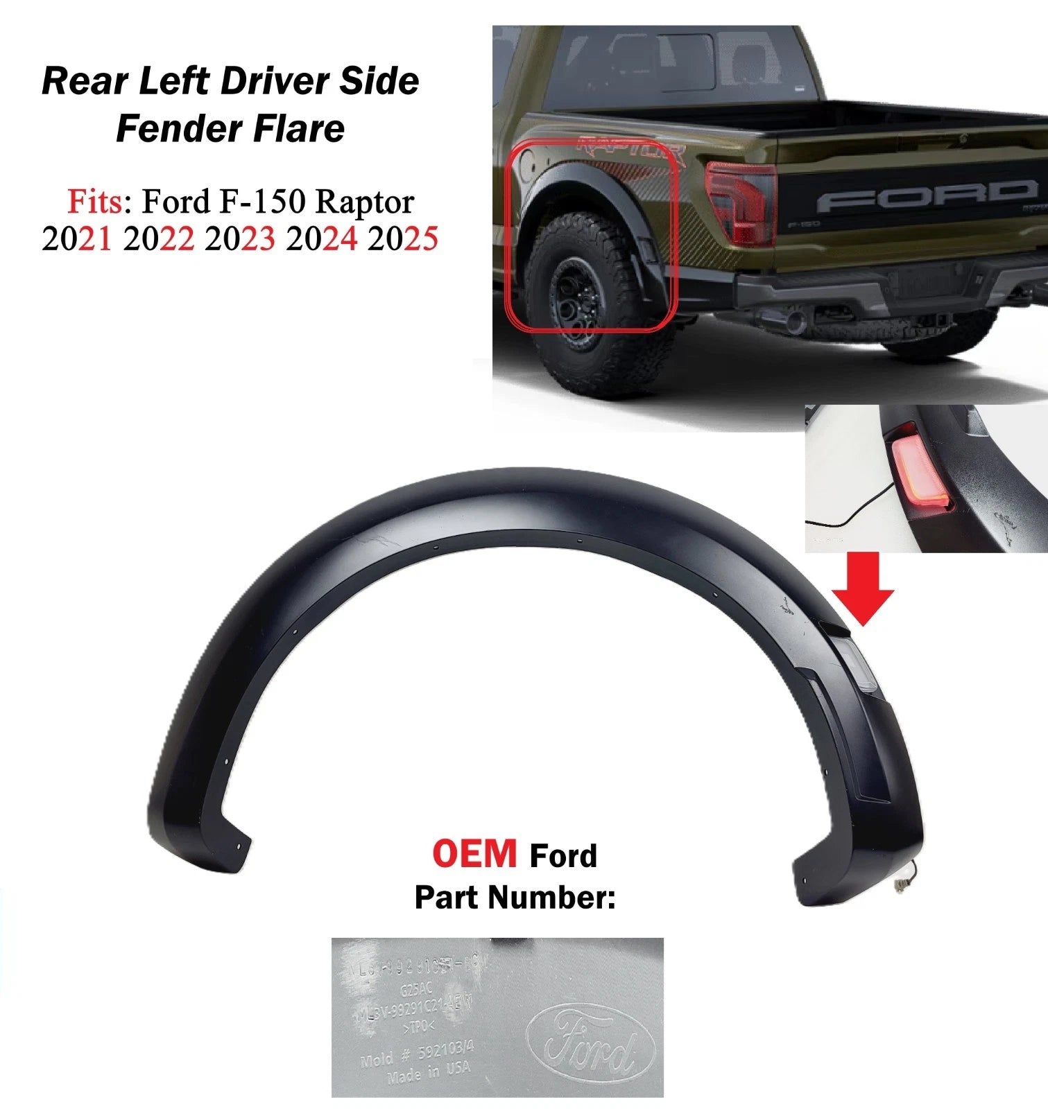 Rear Left Fender Flare Wheel Arch Molding for Ford F150 Raptor (2021–2025)