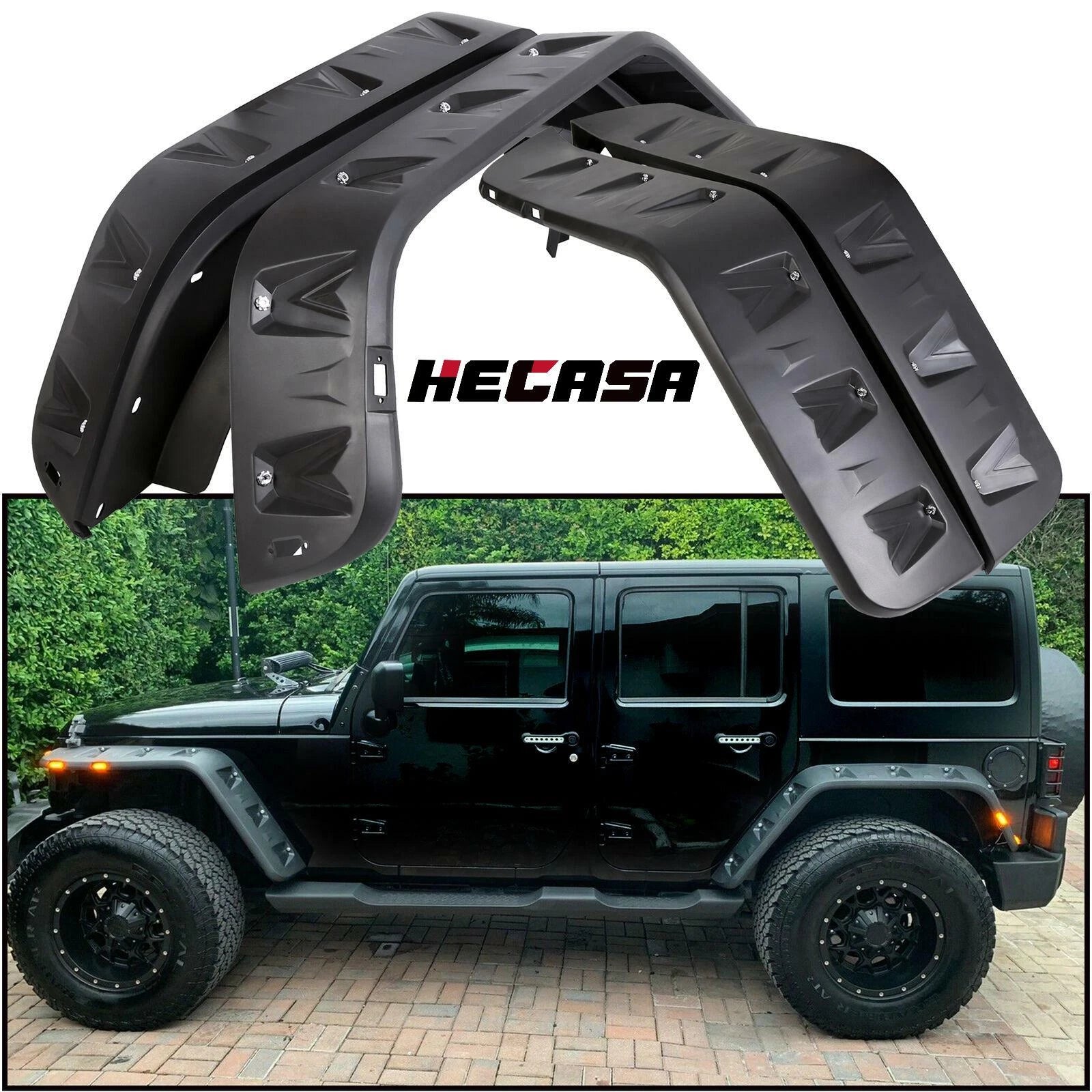 Set of 4 Pocket Rivet Style Smooth Fender Flares w/LED for Jeep Wrangler JK (2007–2018)