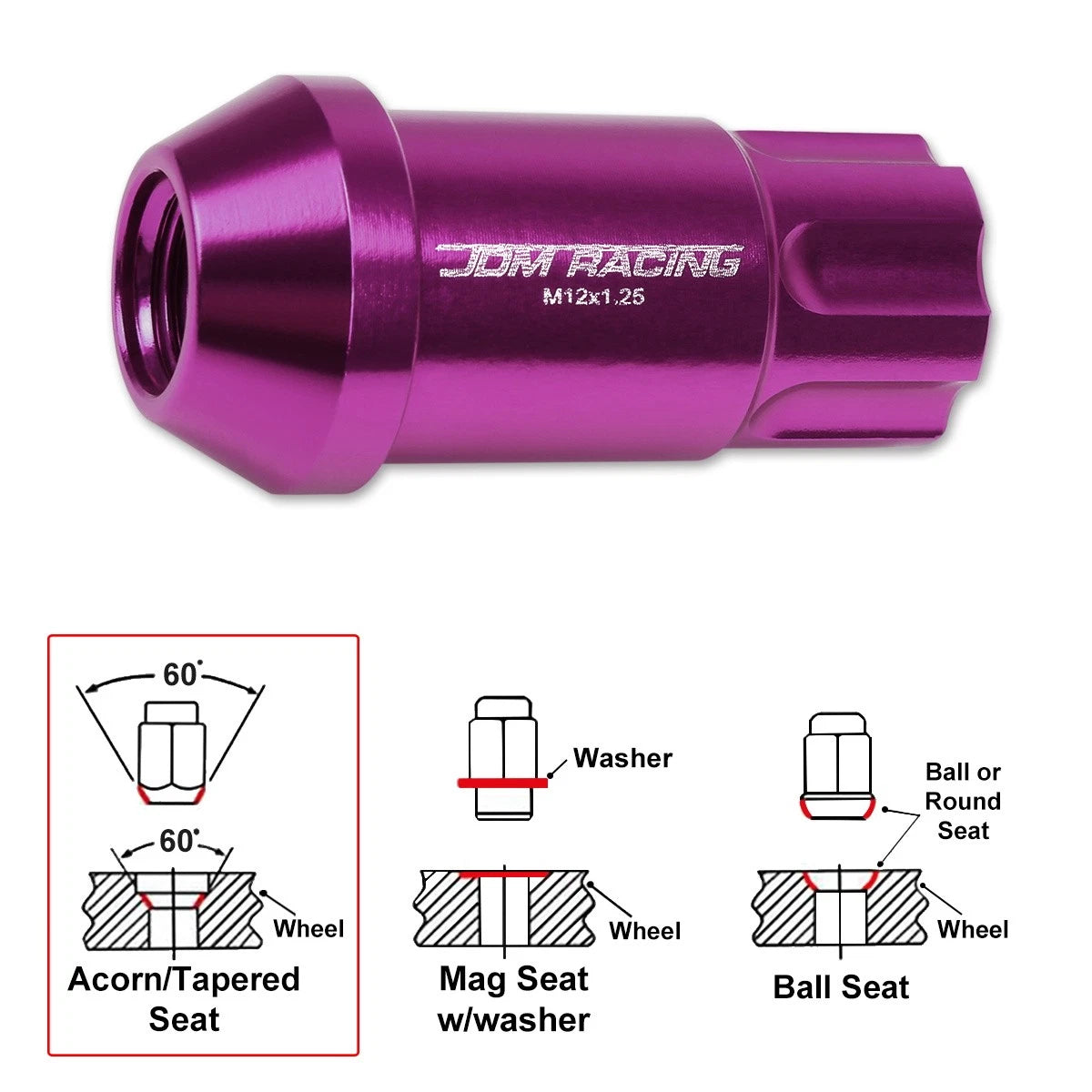 20Pc M12X1.25 Purple JDM Open End Aluminum Spline Wheel Lug Nuts + Key