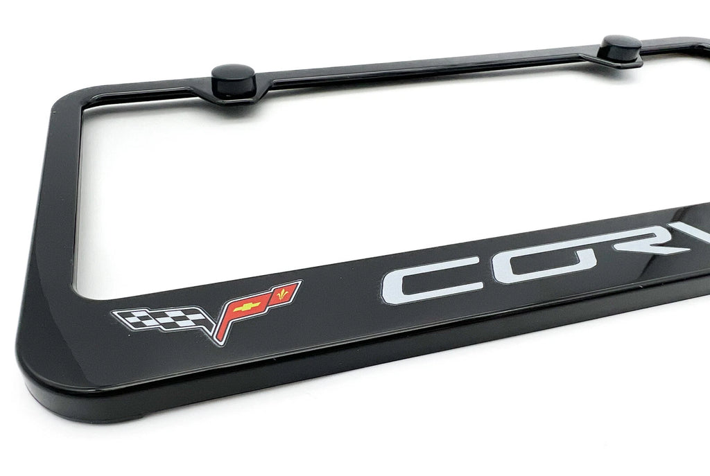 Black Plastic License Plate Frame w/ Chevy Corvette C6 Script Logo