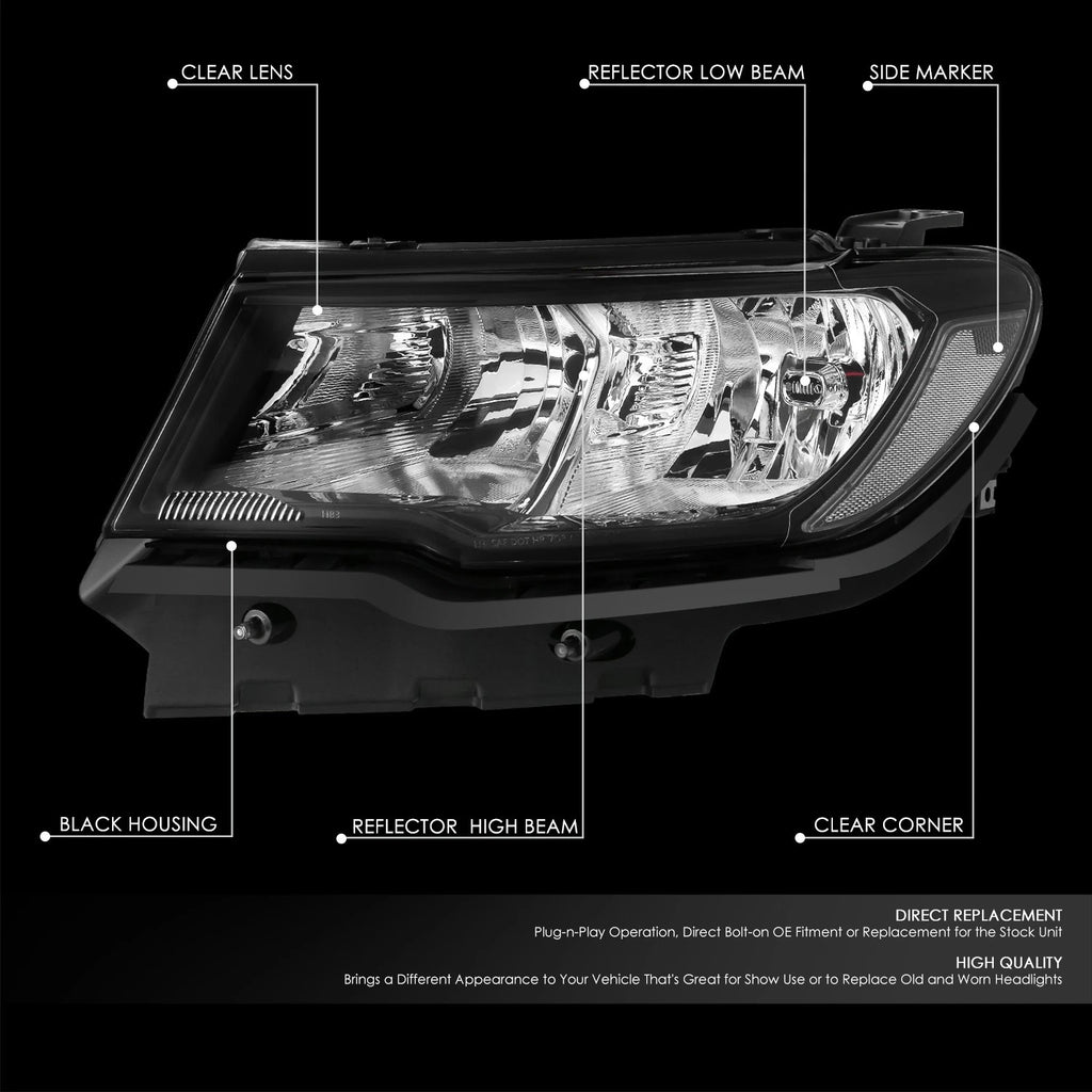 2PC Headlights for Jeep Compass (2017–2021) Black Housing Clear Corner