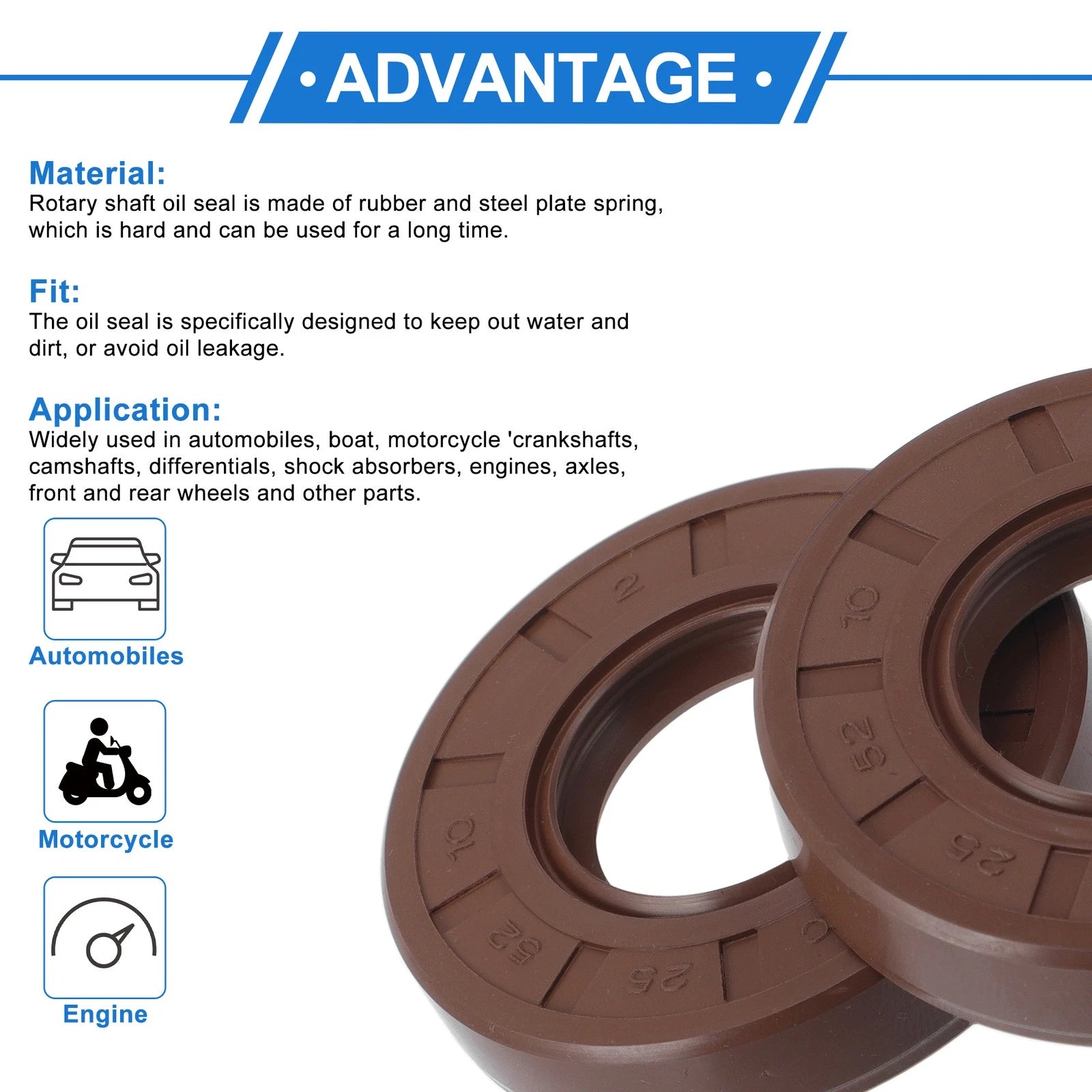 Set of 2 Oil Seal Rotary Shaft Seal FKM Rubber 25x52x10mm