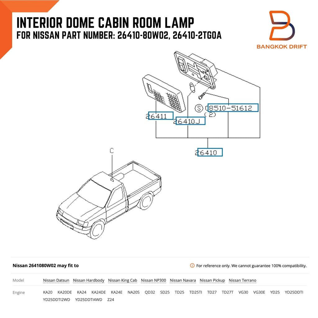Dome Light Lamp for Nissan Navara D21 D22 King Cab Datsun 720 (1997-2006)