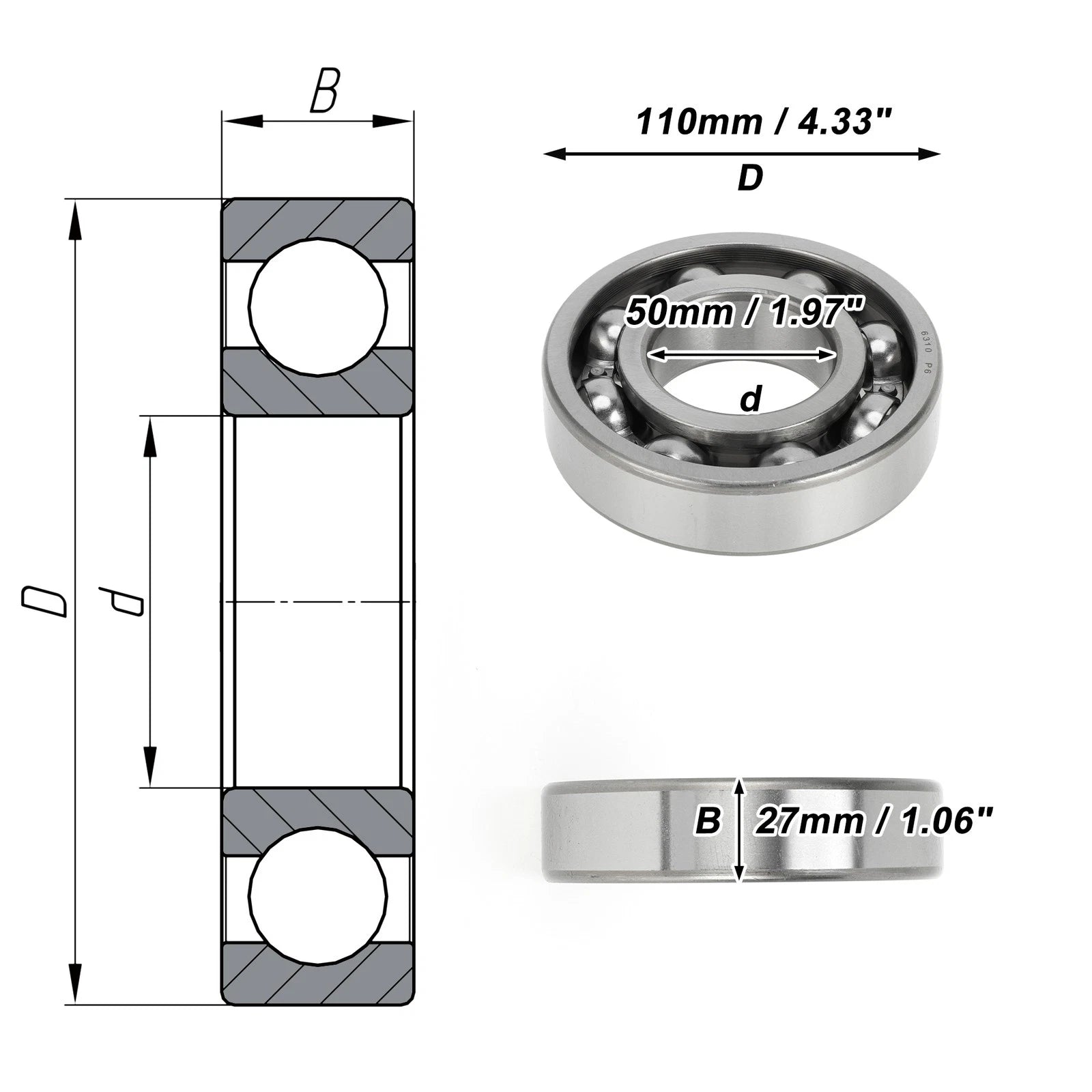 Deep Groove Ball Bearing 6310 for Scooter Skateboard Wheel (50x110x27mm)