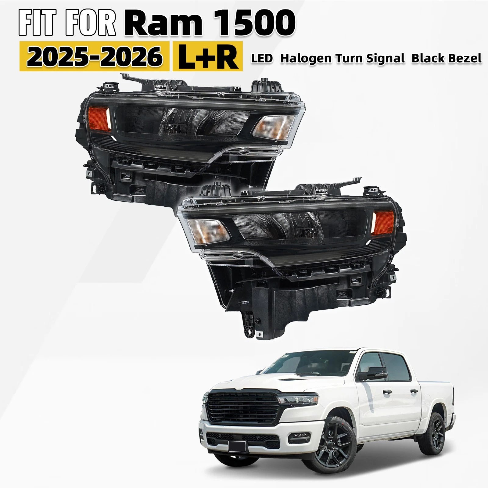 Set of 2 LED Headlights for Ram 1500 (2025–2026) Halogen Turn Signal Black Trim