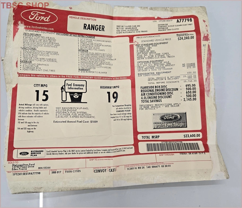 Original Dealer Window Sticker for Ford Ranger 4X4 2001