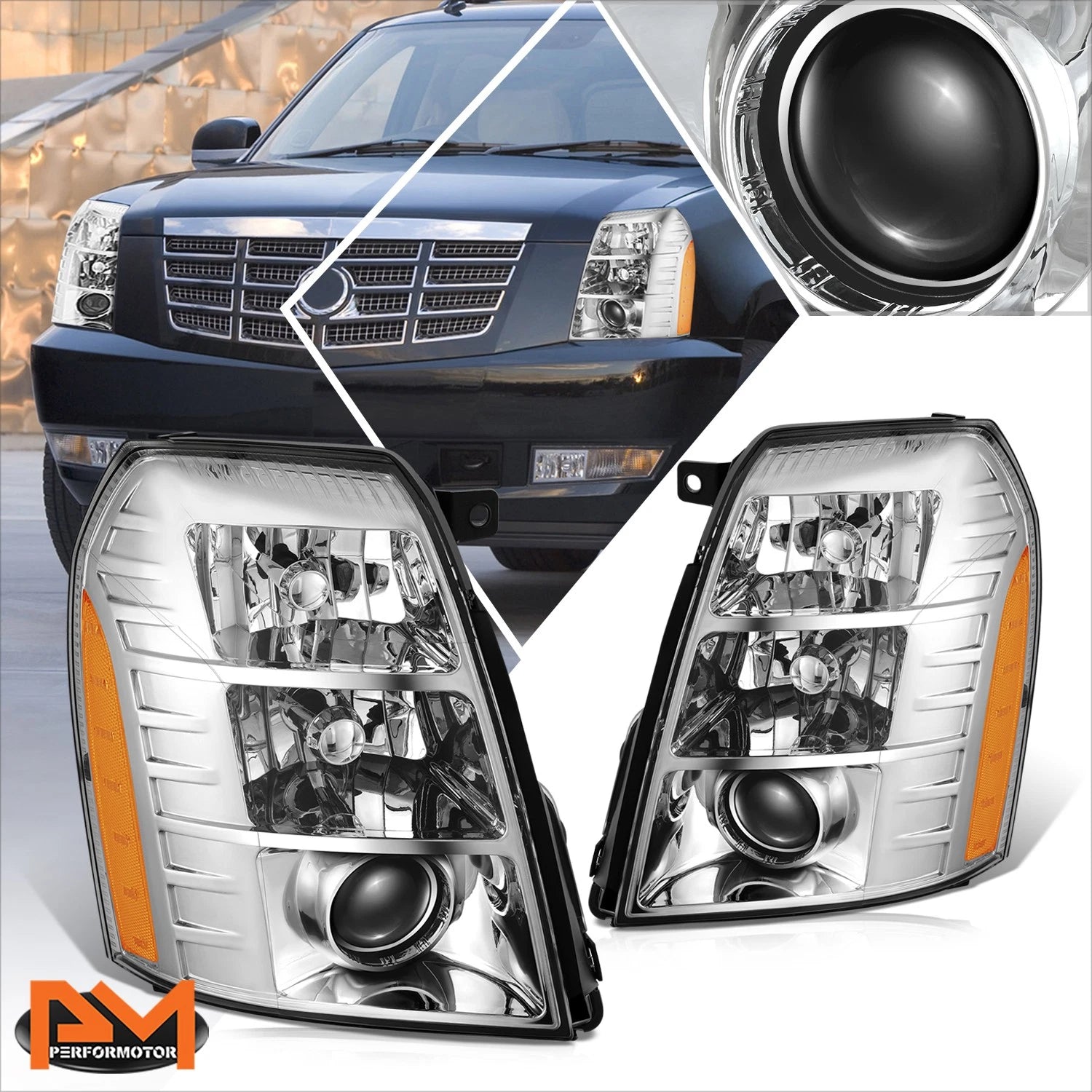HID Projector Headlights Chrome Housing for Cadillac Escalade ESV EXT (2007–2014)