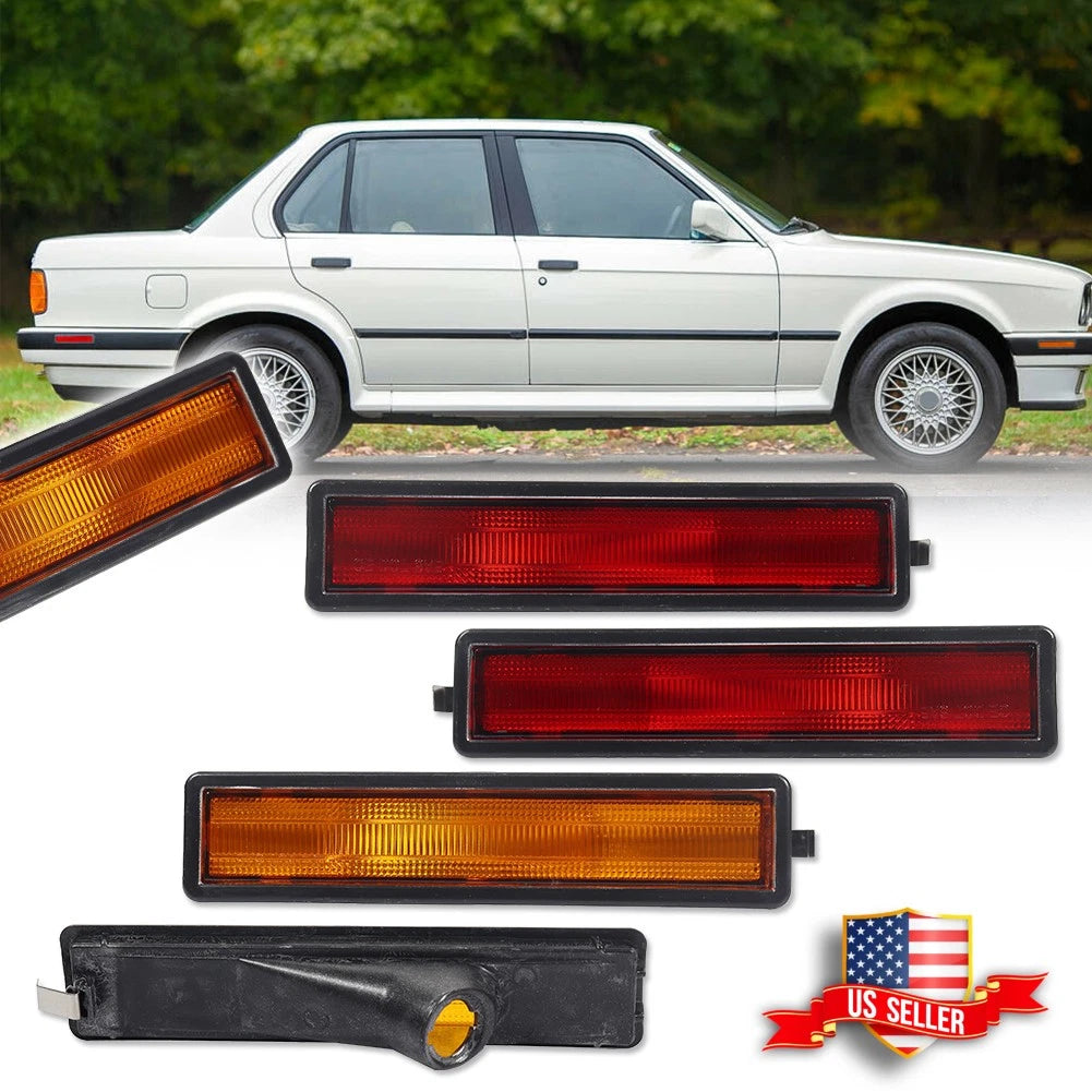 Set of 4 Amber Front & Red Rear Bumper Side Marker Lights for BMW E30 E32 E34