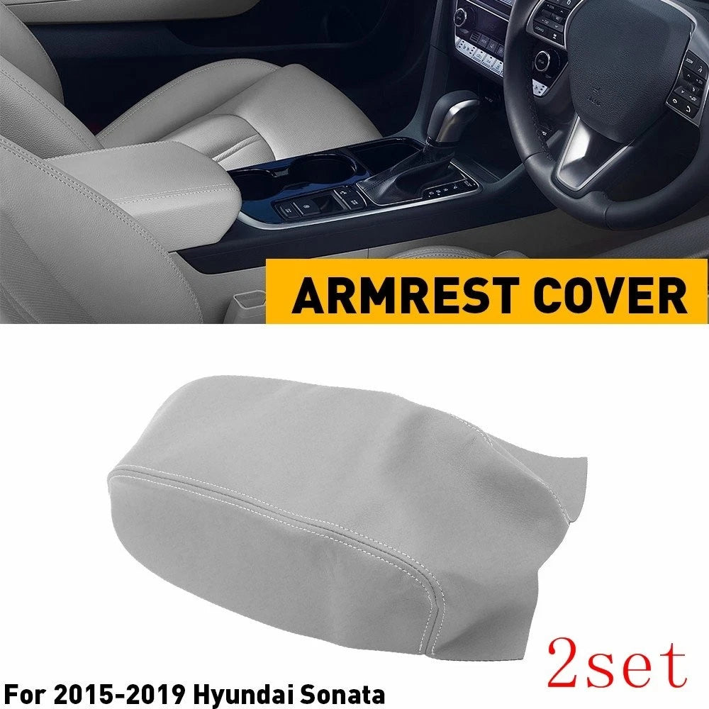 2X Center Console Lid Armrest Cover for Hyundai Sonata (2015–2018) Gray Leather Vinyl