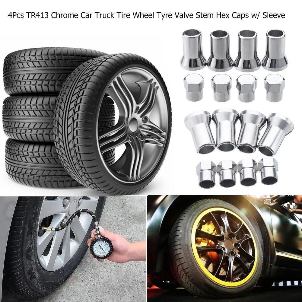 Set of 4 Chrome Hexagon Tire Valve Stem Caps for Universal Fit