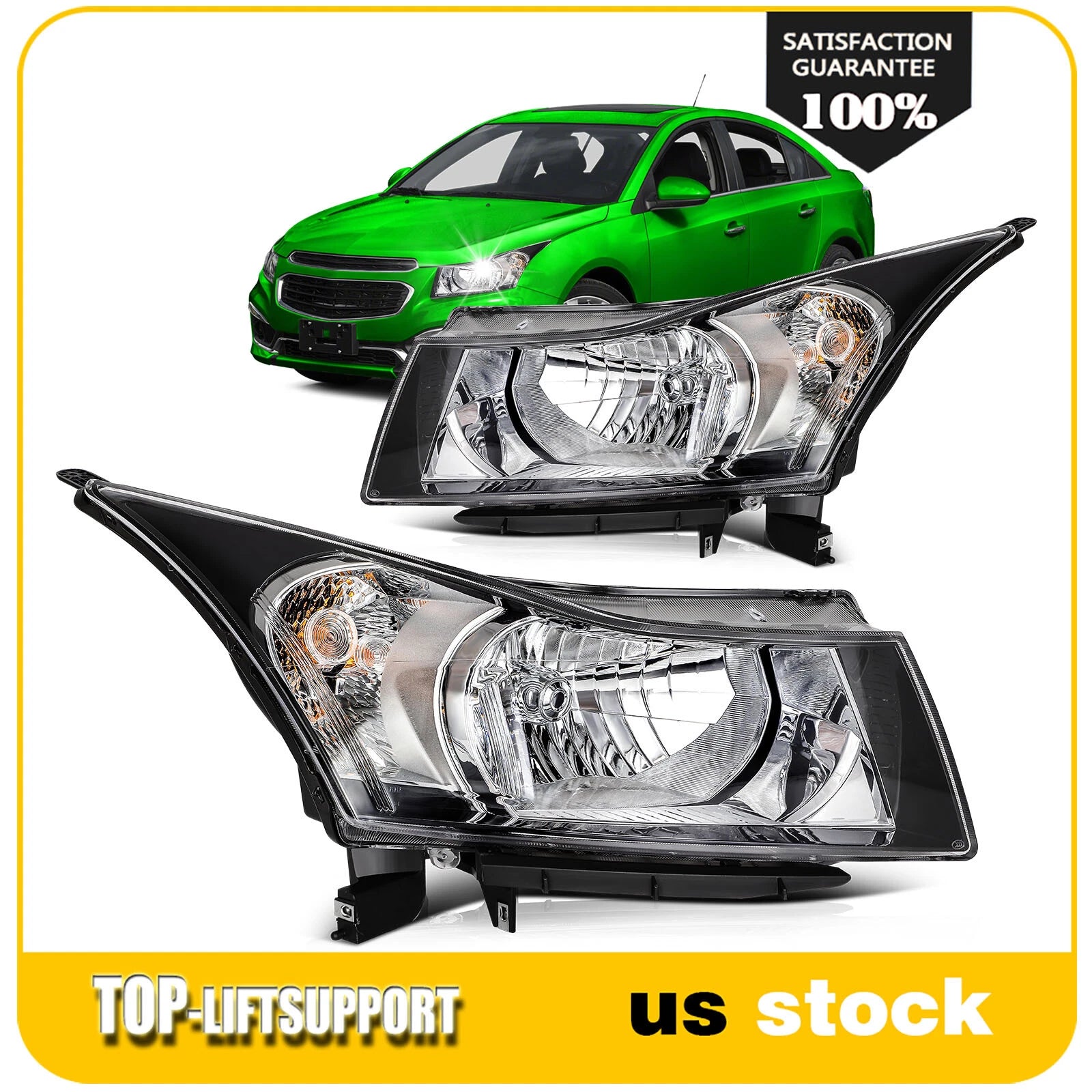Headlight Assembly Pair for Chevy Cruze (2011–2015) Black Housing