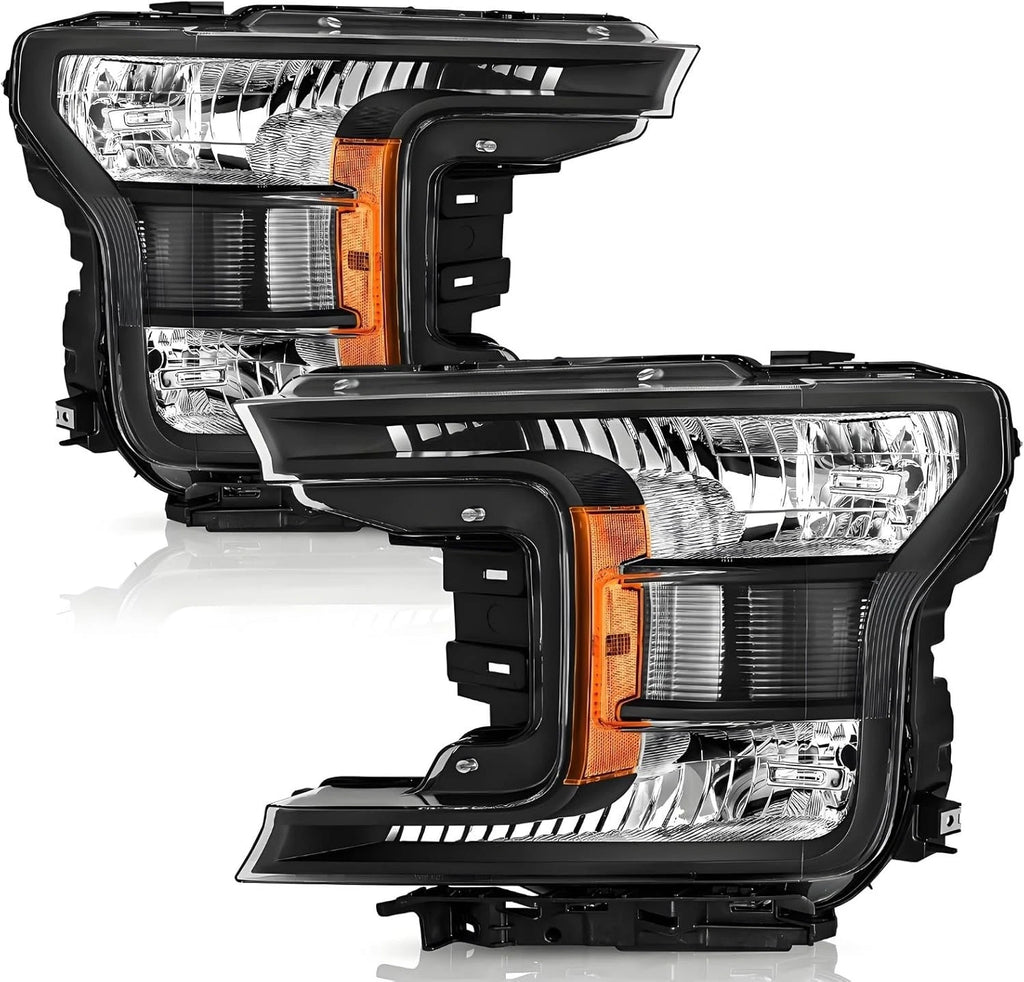 Pair of Headlights for Ford F150 (2018–2020) Halogen Black Clear