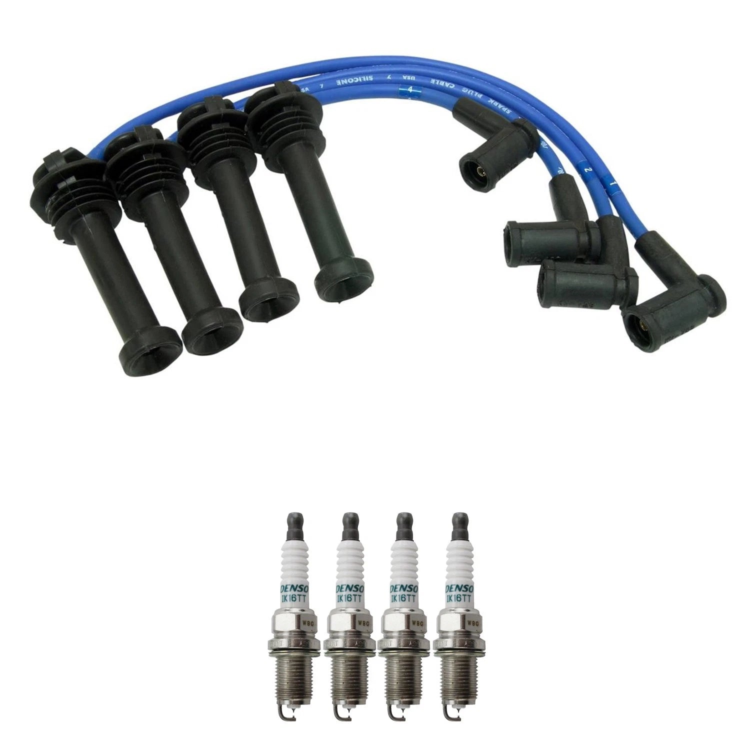 Set of 4 NGK 8mm Wire Set & Denso Iridium Spark Plugs for Mazda Tribute (2001–2007)