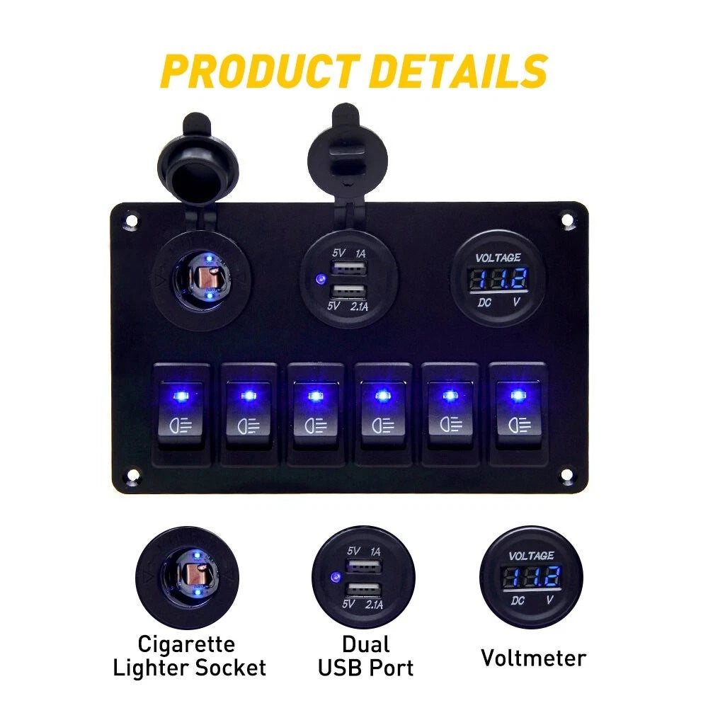 6 Gang Waterproof Circuit Rocker Switch Panel for Car Marine Boat (12V/24V)