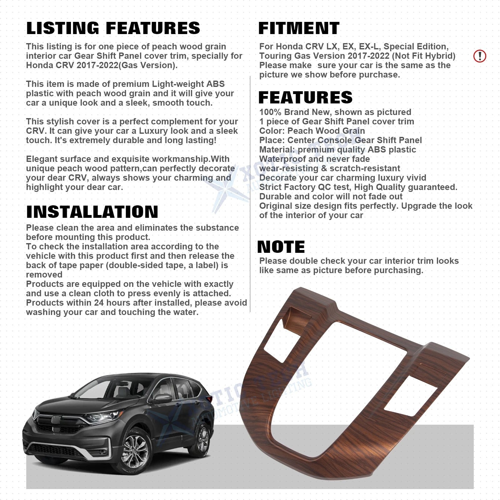 Peach Wood Grain Center Gear Shift Panel Cover for Honda CR-V (2017-2022)