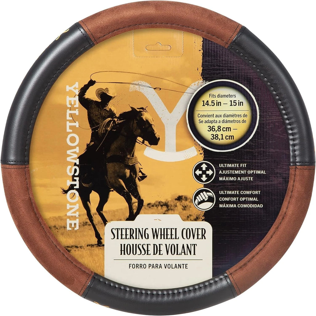 Plasticolor Steering Wheel Cover for - Yellowstone Logo Suede Leather Brown and Black
