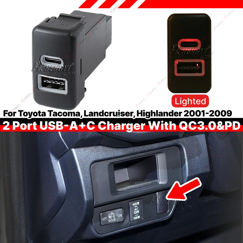 Dashboard Switch Button USB-C PD + USB-A QC3.0 Port for Toyota FJ Cruiser Tacoma (2007–2021)