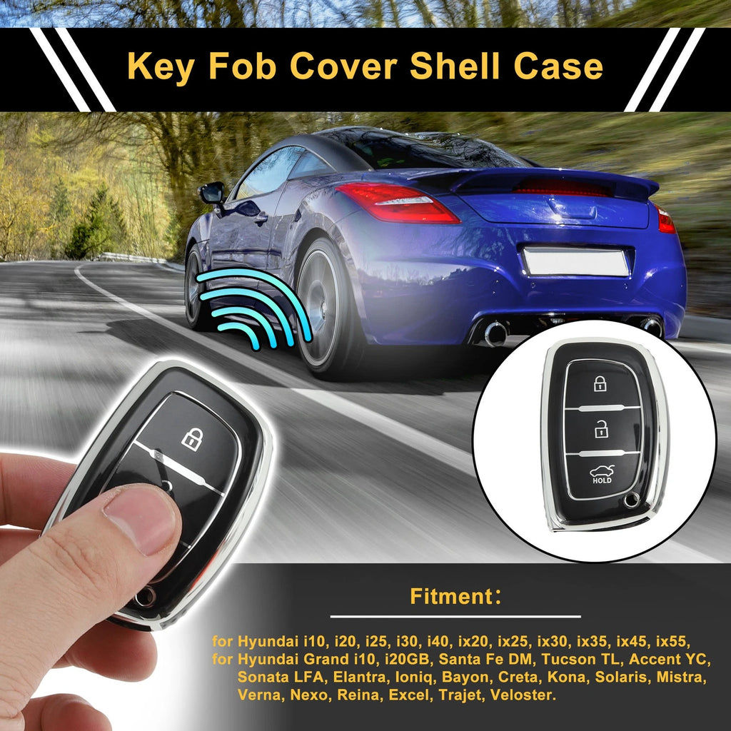 TPU Silicone Car Key Case for Hyundai i10 (2010–2023) - Black Silver Tone