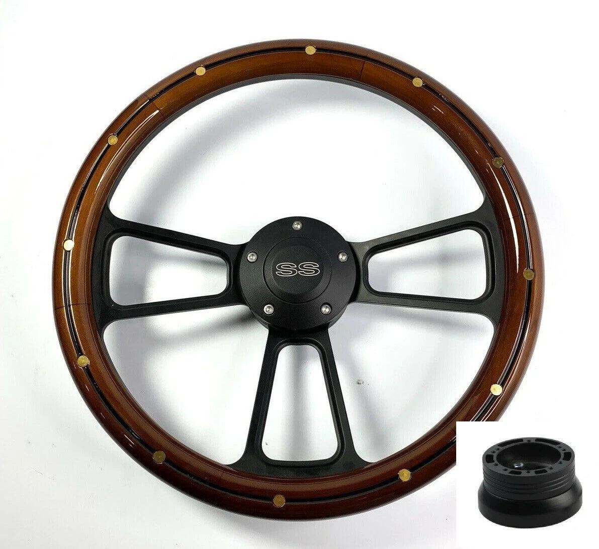 14 in Black Aluminum Steering Wheel Wood Brass Rivets for Chevy SS (2018–2019)
