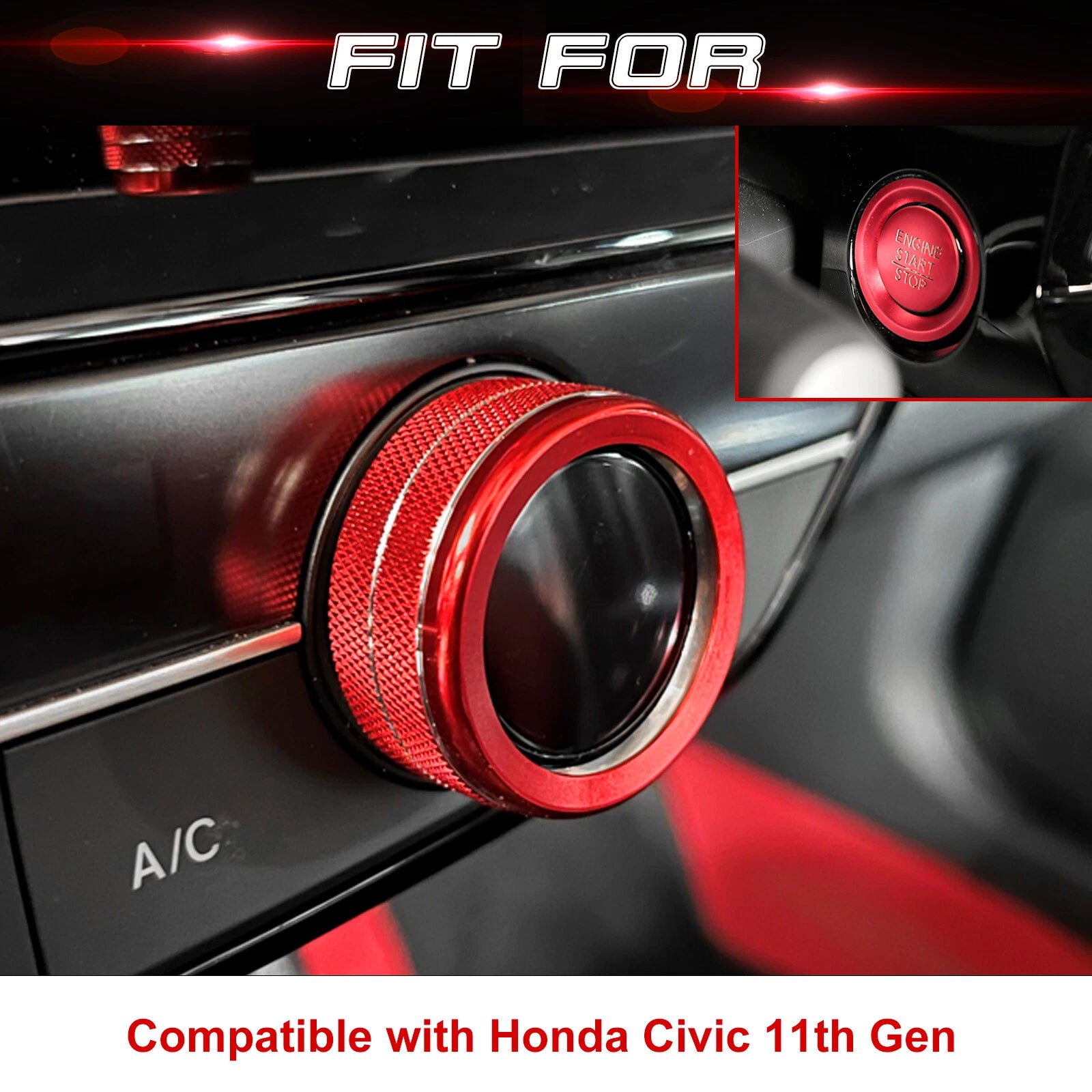 Red AC Climate Knob & Engine Start Button Cover for Honda Civic (2022-2024)