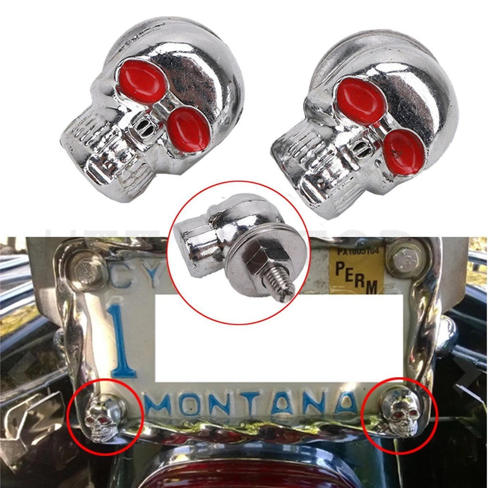 2X Chrome Skull Red Eye License Plate Bolts Screws