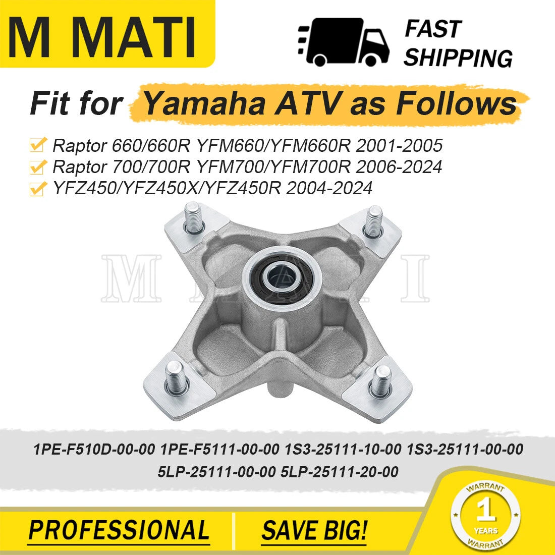 Front Wheel Hub Assembly for Yamaha Raptor 660R YFM660R (2001–2005) w/ Studs Bearing