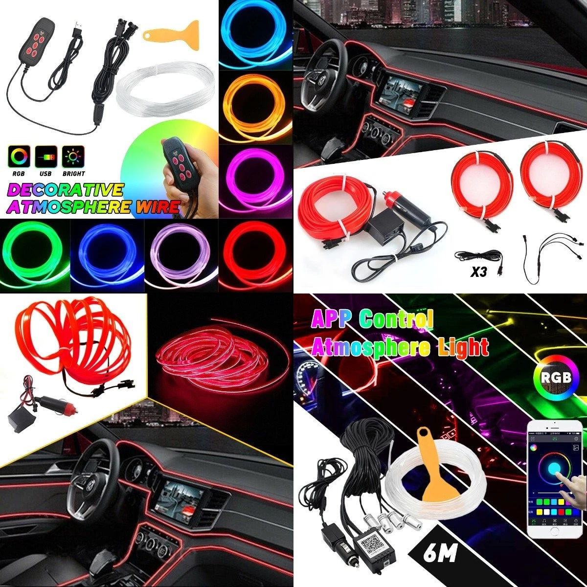 5M LED Atmosphere Wire Light Strip for Car Interior Accessory