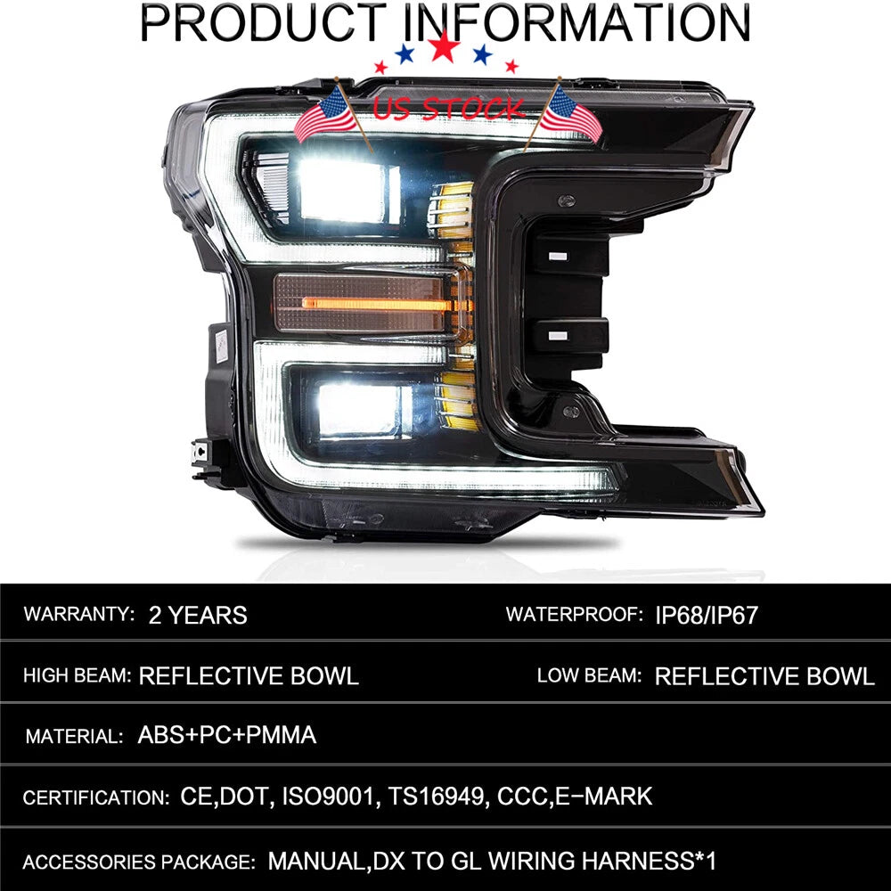 Set of DRL/Signal LED Tube Dual Projector Headlights for Ford F150 (2018–2020)