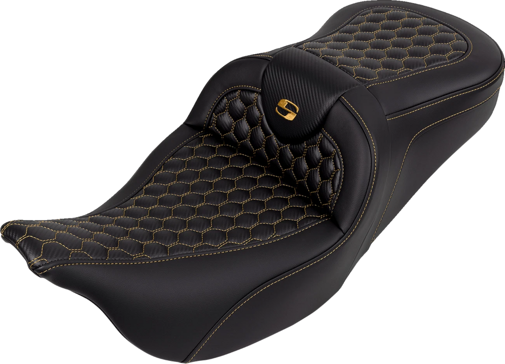 SADDLEMEN RoadSofa Seat for FLH/FLT (without Backrest) - Honeycomb, Gold Stitch