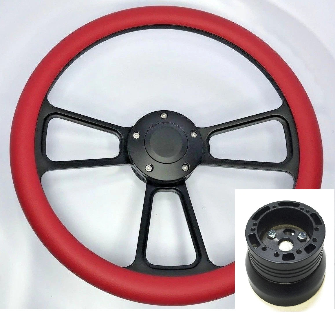 Billet Steering Wheel 14 Inch Black with Red Wrap for Universal Fit (—)