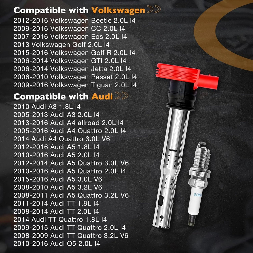 Set of 4 UF529 Ignition Coils & Spark Plugs for Audi TT A4 A5 VW Tiguan Jetta (2000–2023)