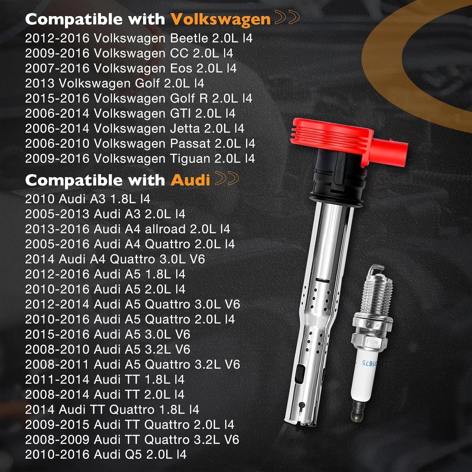 Set of 4 UF529 Ignition Coils & Spark Plugs for Audi TT A4 A5 VW Tiguan Jetta (2000–2023)