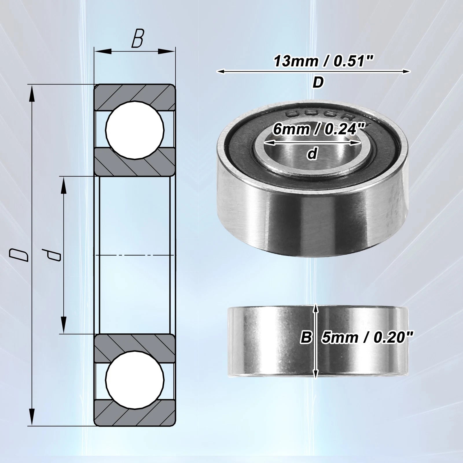 2 Pcs 686-2RS Deep Groove Ball Bearings for Auto (6x13x5mm)