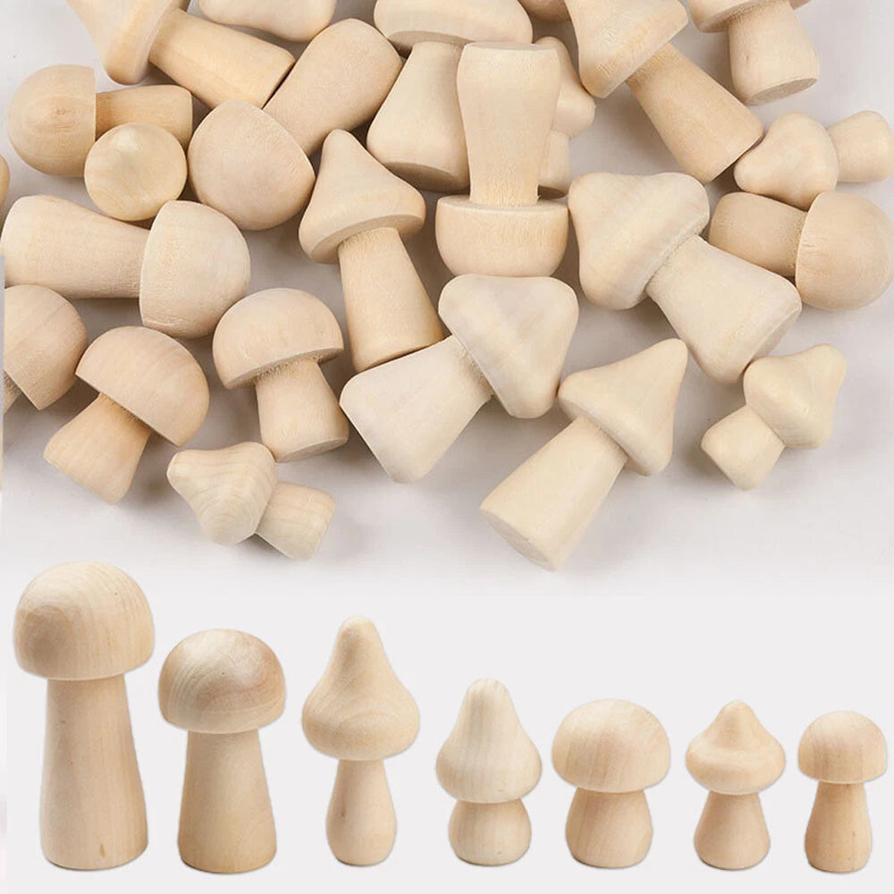 Set of 34 Unpainted Wooden Peg Dolls Mushroom Toy Figures 30-85mm