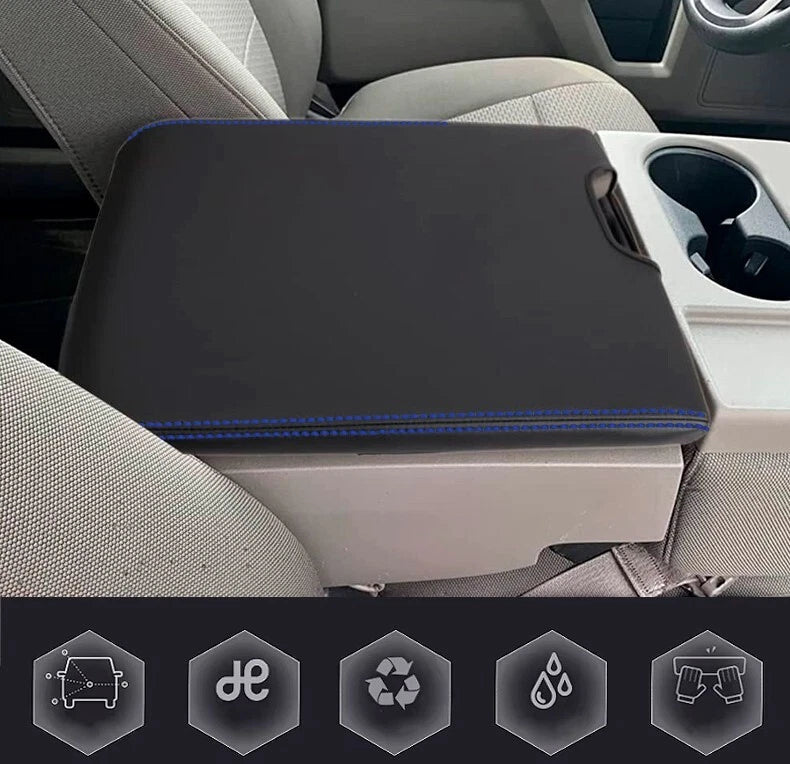 Leather Console Lid Jump Seat Cover for Ford F150 (2004–2008) Blue Stitch