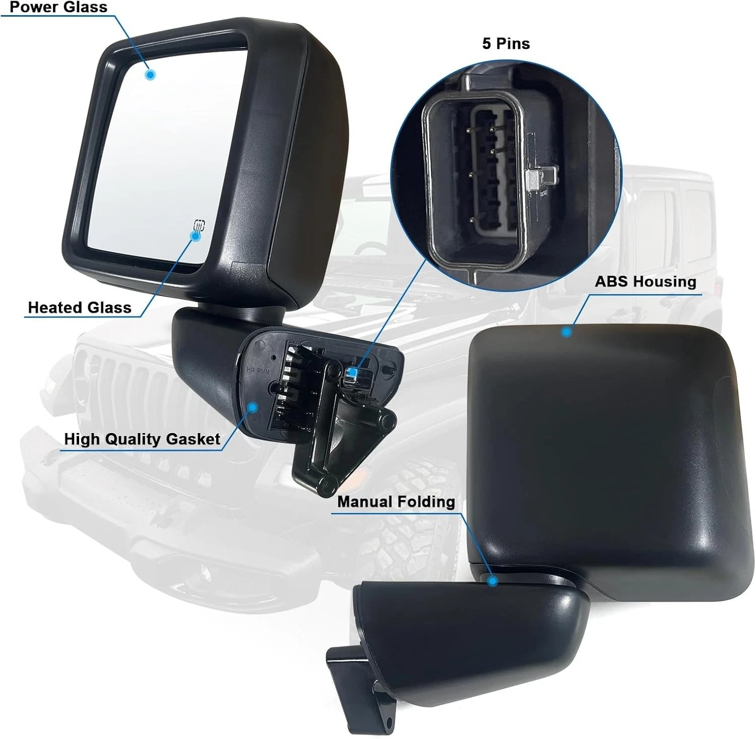 Left Driver Side Power Heated Mirror for Jeep Wrangler Gladiator (2018–2024)
