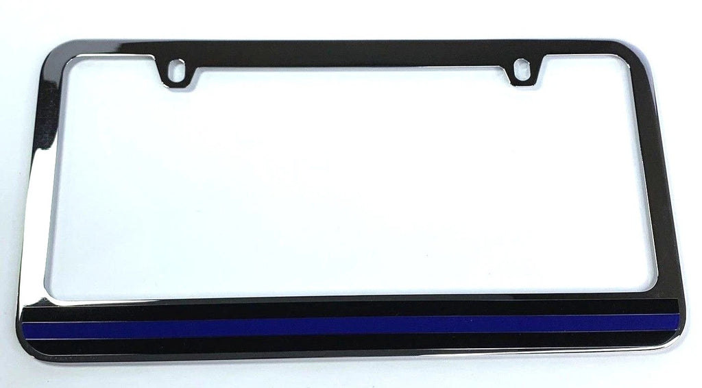 License Plate Frame Police Thin Blue Line Chrome Premium for Universal Fit (Any)