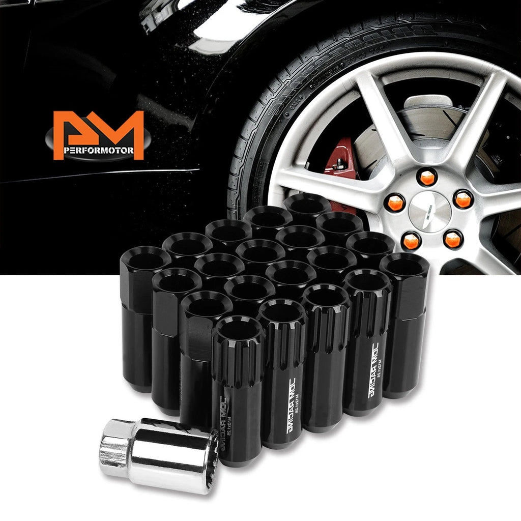 20Pc M12X1.25 Black JDM Open End Aluminum Hex Lug Nuts + Spline Lock Key