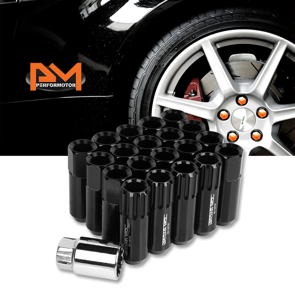 20Pc M12X1.25 Black JDM Open End Aluminum Hex Lug Nuts + Spline Lock Key
