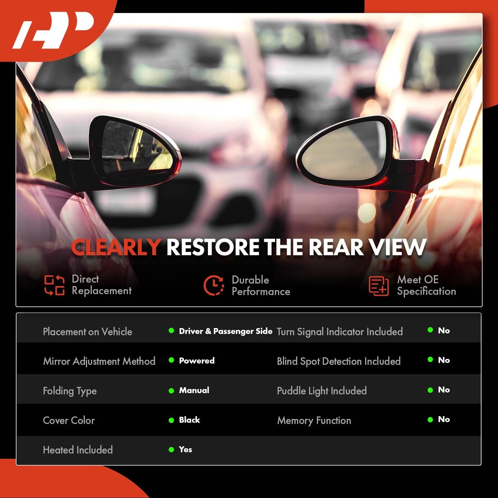 Power Mirror Pair for Jeep Compass (2017-2023) - Manual Fold, Heated