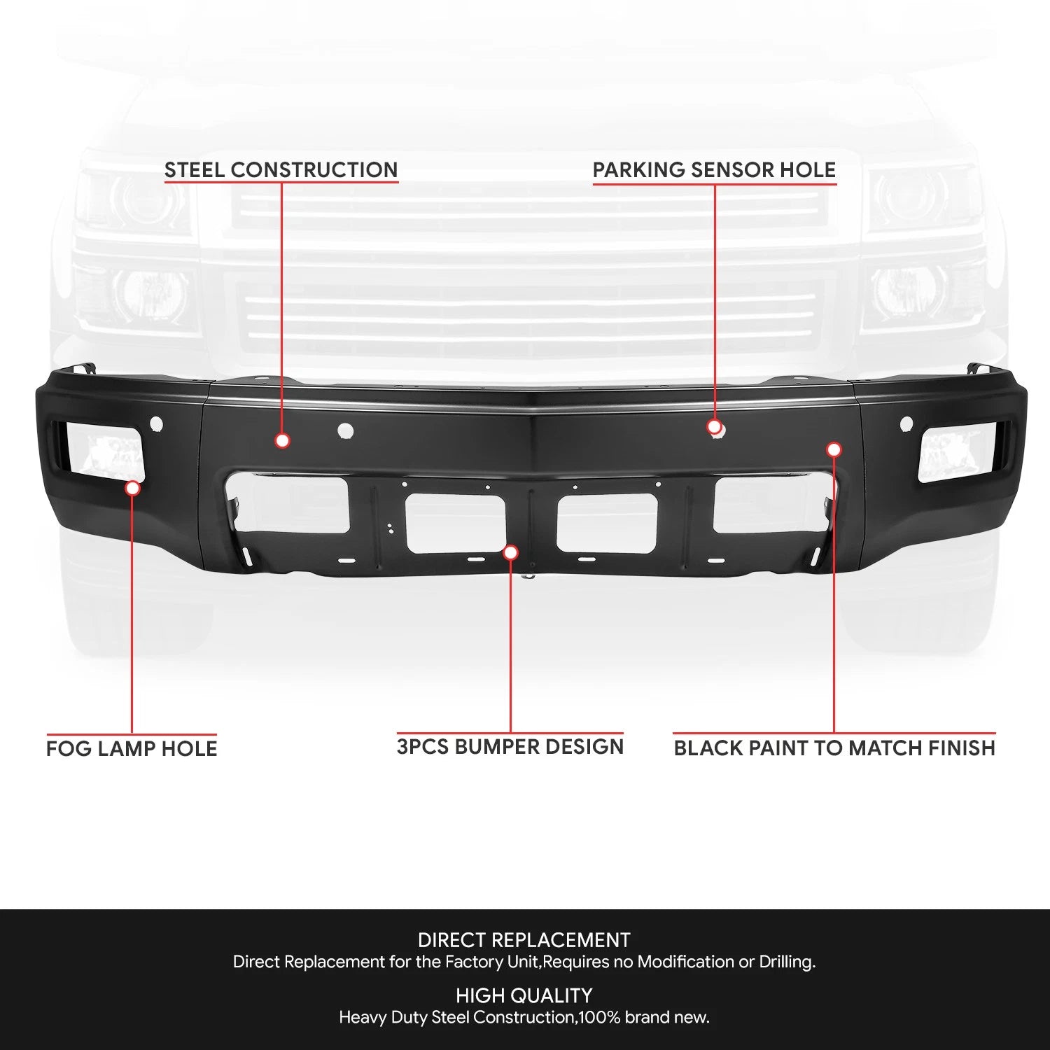 Front Bumper Face Bar for Chevy Silverado 1500 (2014–2015) w/ Park Sensors Holes