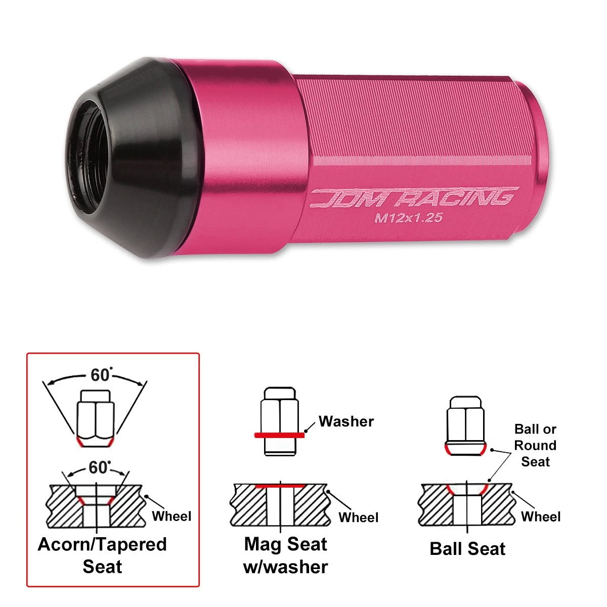 Set of 20 JDM M12X1.25 Pink Aluminum Wheel Lug Nuts with Cap & Adapter