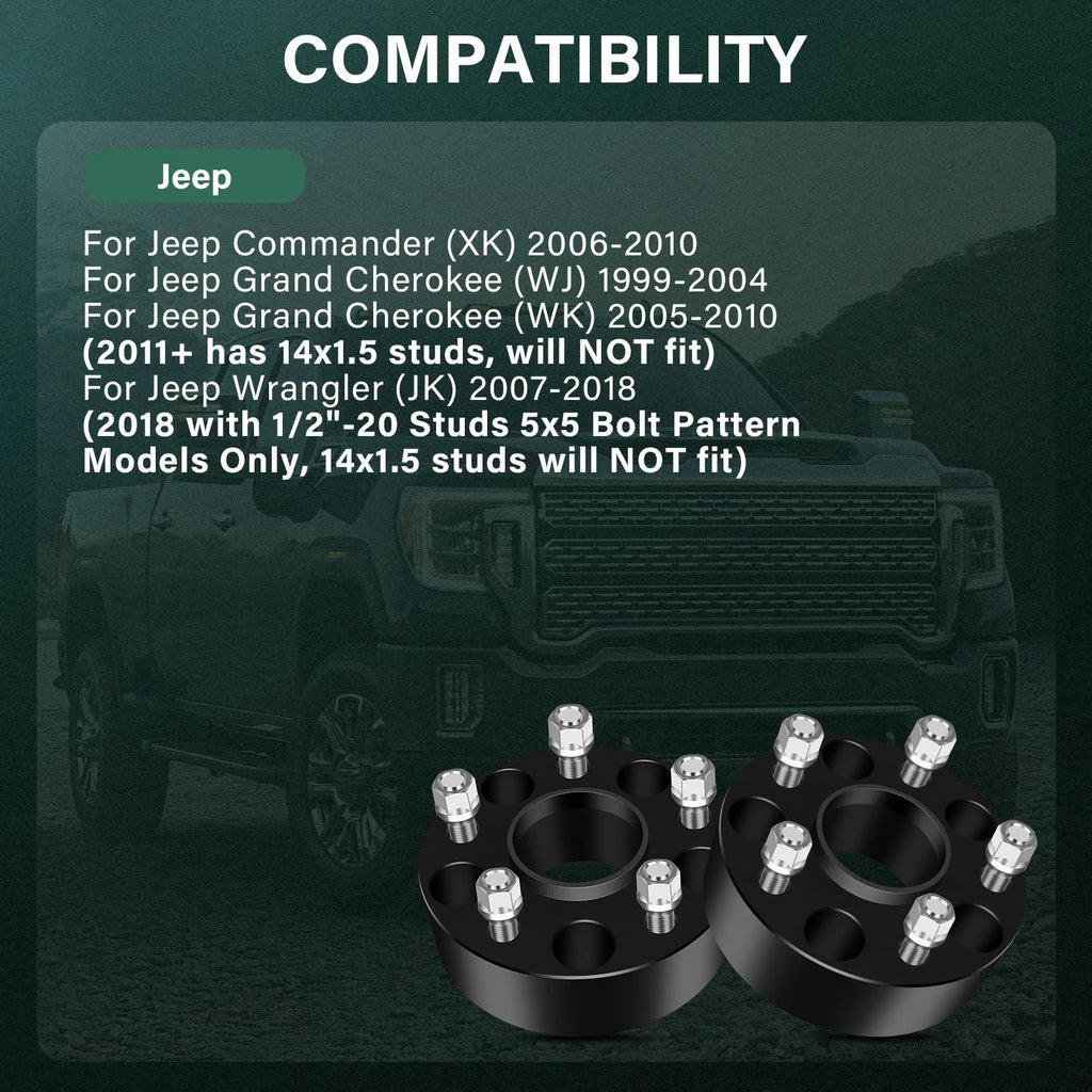 2X 2" Hub Centric Wheel Spacers 5x5 for Jeep Wrangler (2007–2018) 1/2" Studs