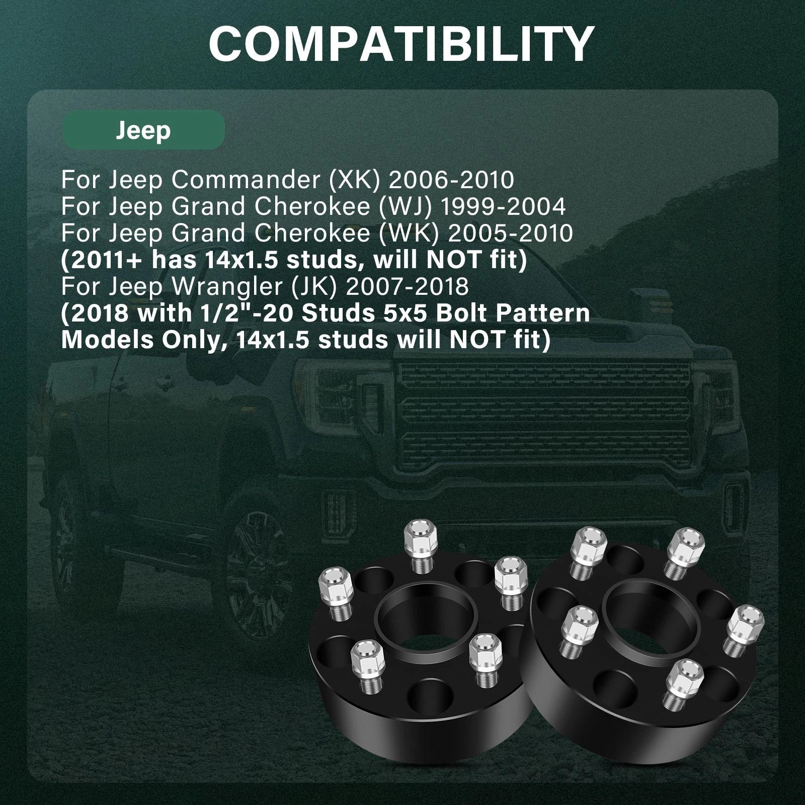 2X 2" Hub Centric Wheel Spacers 5x5 for Jeep Wrangler (2007–2018) 1/2" Studs