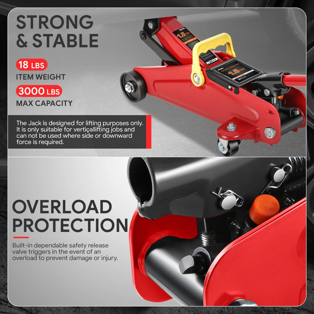 1.5 Ton Low Profile Hydraulic Floor Jack for Heavy Duty Use (5.3"-12")