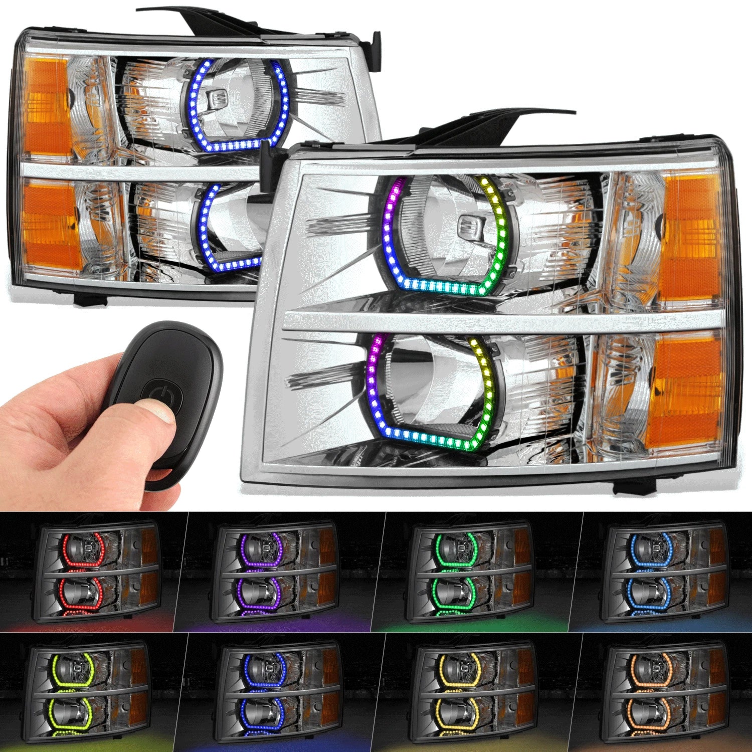 RGB LED Bar Headlight for Silverado 1500-3500 HD (2007–2013) - Chrome, Amber