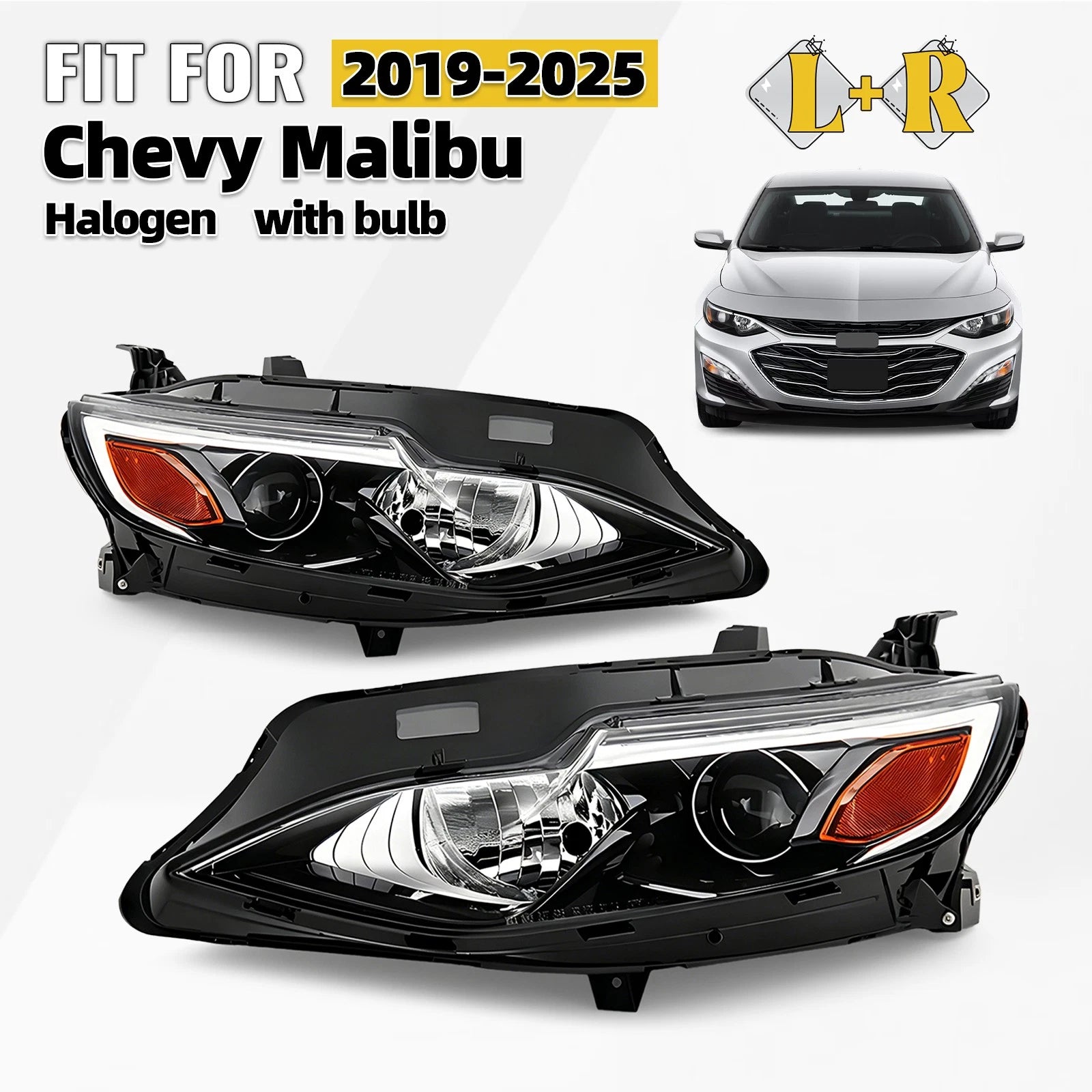 Halogen Headlight Set for Chevy Malibu RS/LS/LT (2019–2025) w/ Bulb